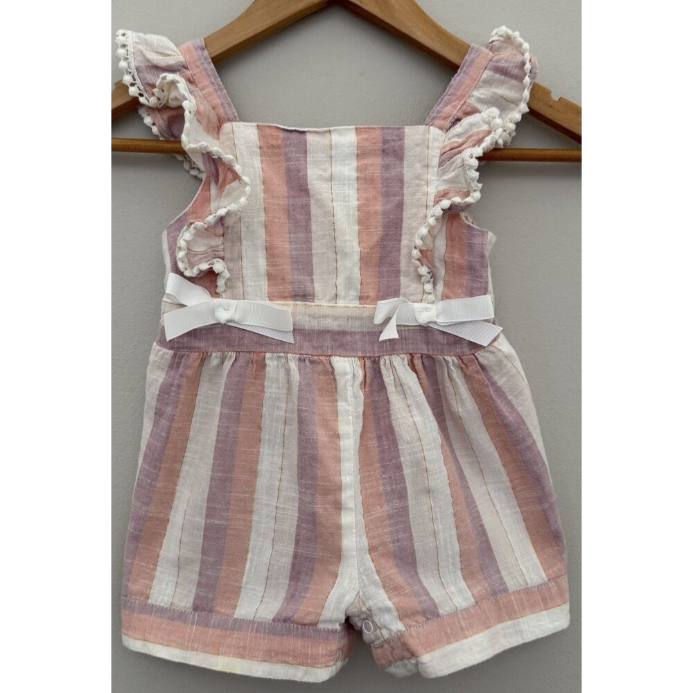 24M Rare Editions Pink/Purple/Cream Striped Flutter Sleeve Romper